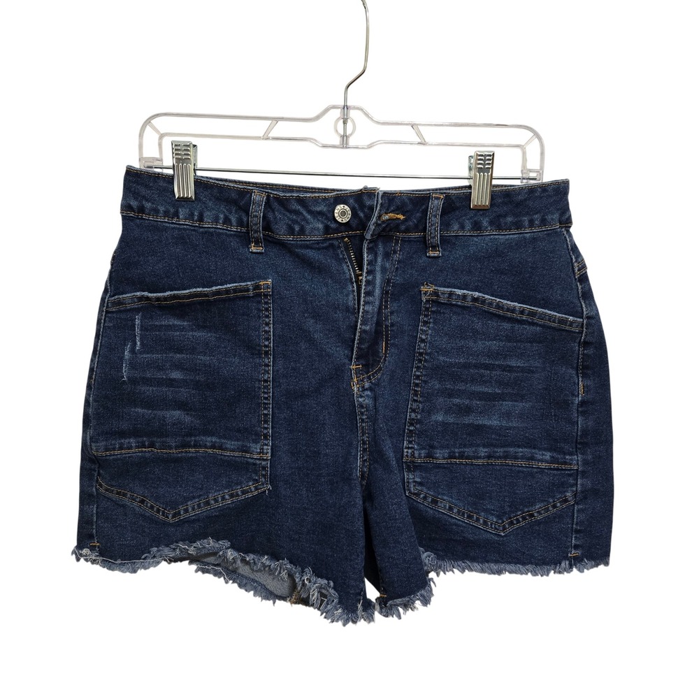 Indigo Rein Women Dark Wash High Rise Cutoff Denim Shorts Size 10 Utility Pocket